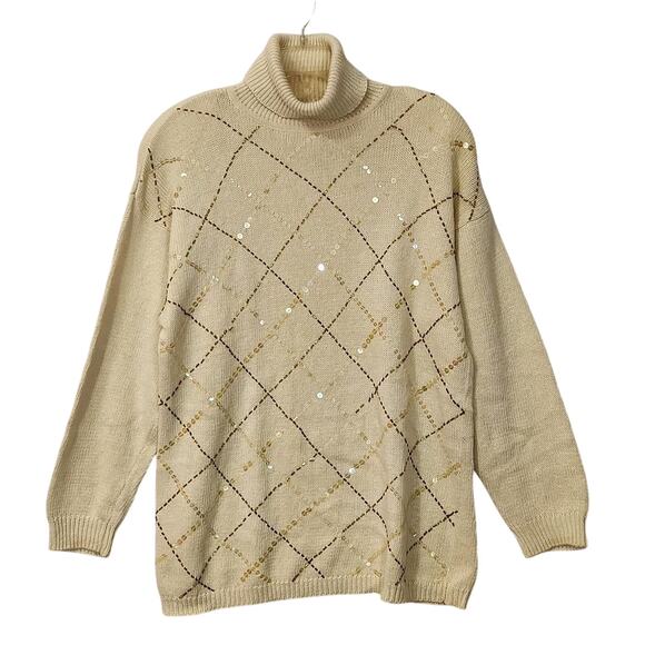 Haberdashery Sweaters - VTG HABERDASHERY WOMENS SEQUINED SWEATER BEIGE BEADED TURTLENECK SPARKLE LG